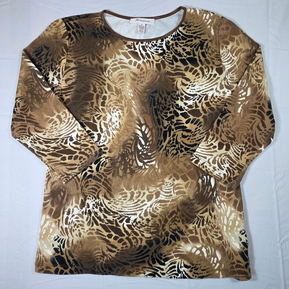 JM Collection Womens Brown Animal Print Ribbed Knit 3/4 Sleeve Top Medium